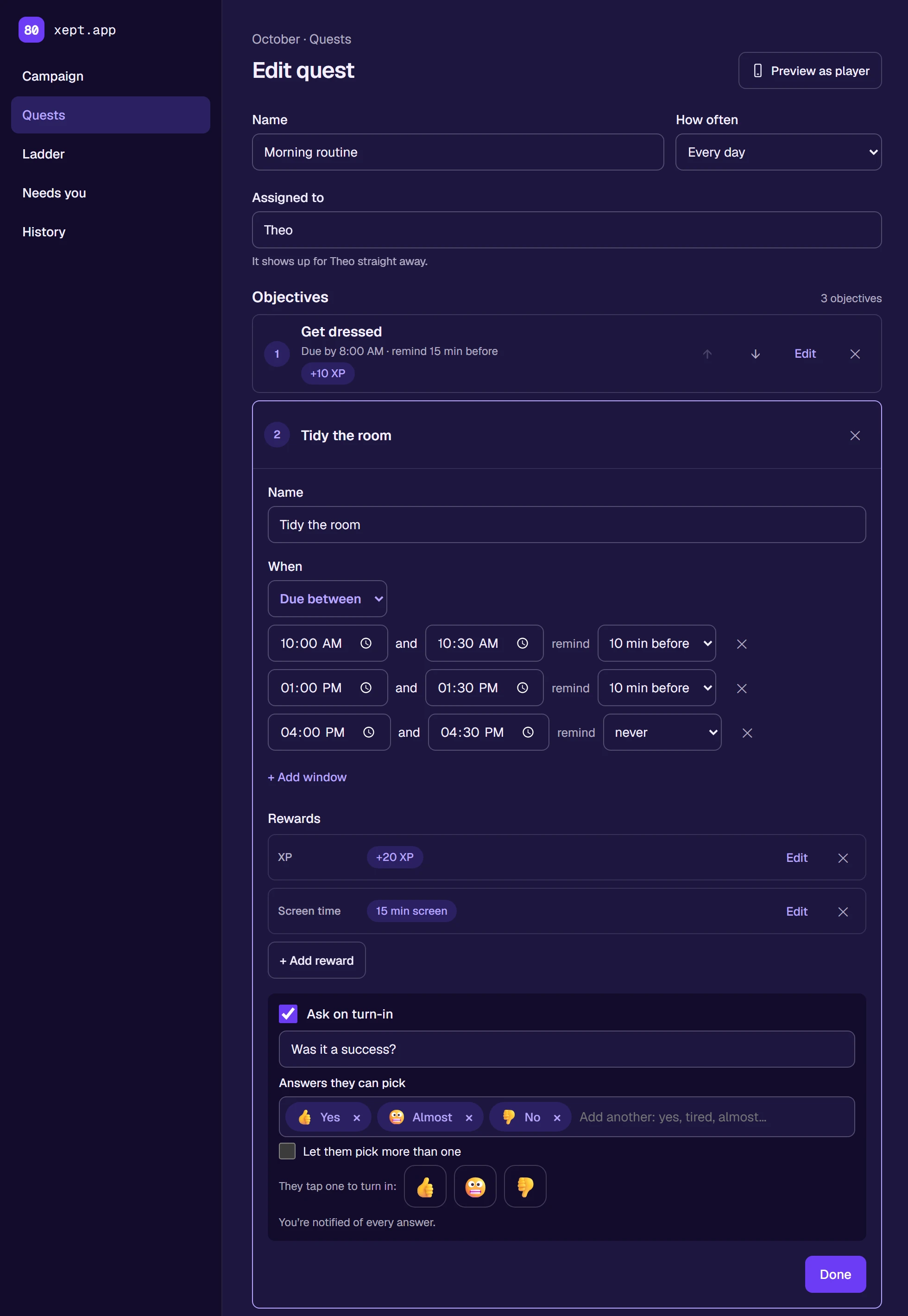 The Supervisor's quest builder: a quest with objectives, time windows with reminders, rewards, and a question to ask on turn-in.